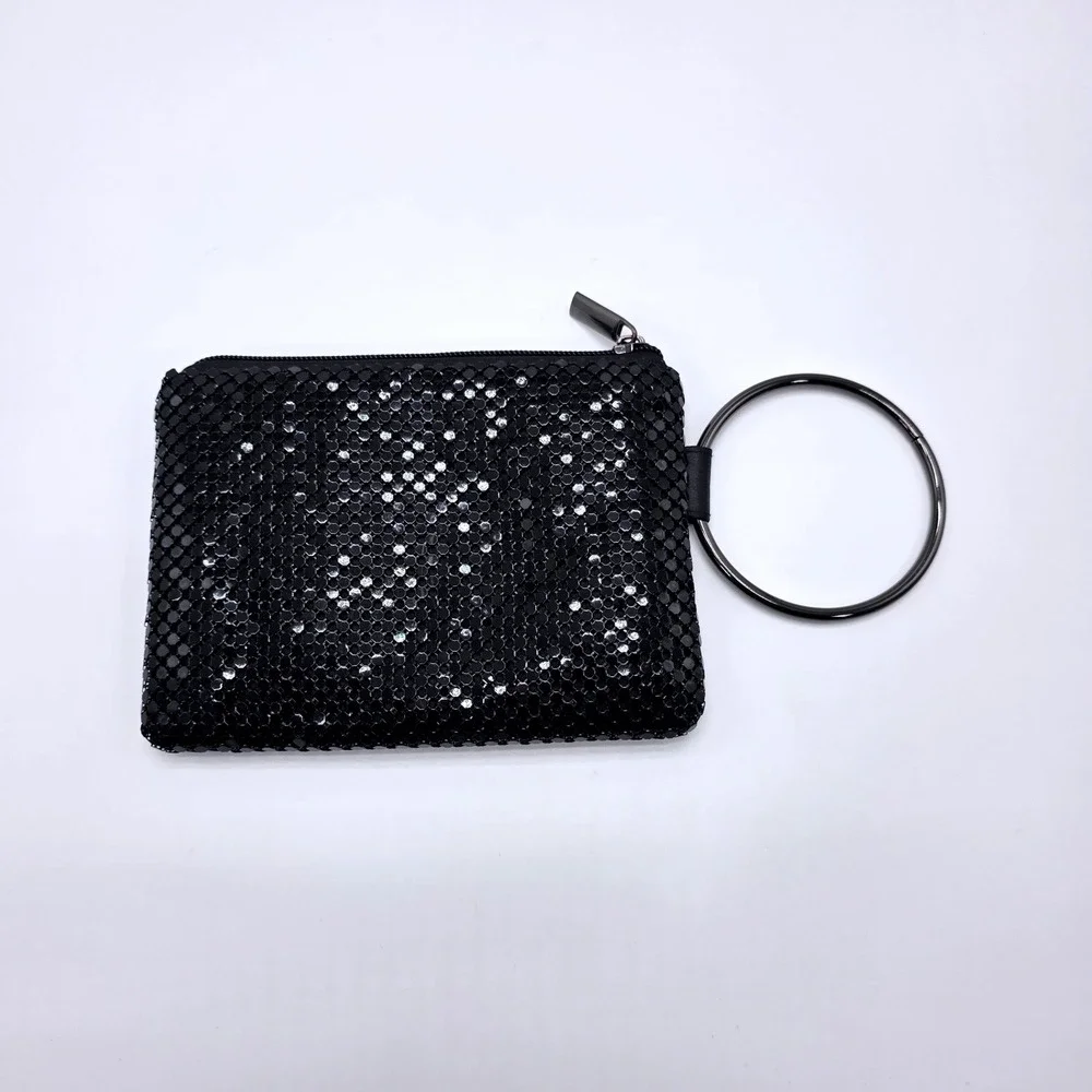 Black Metal Mesh Ring Handle Wristlet Clutch Evening Bag Zipper Closure